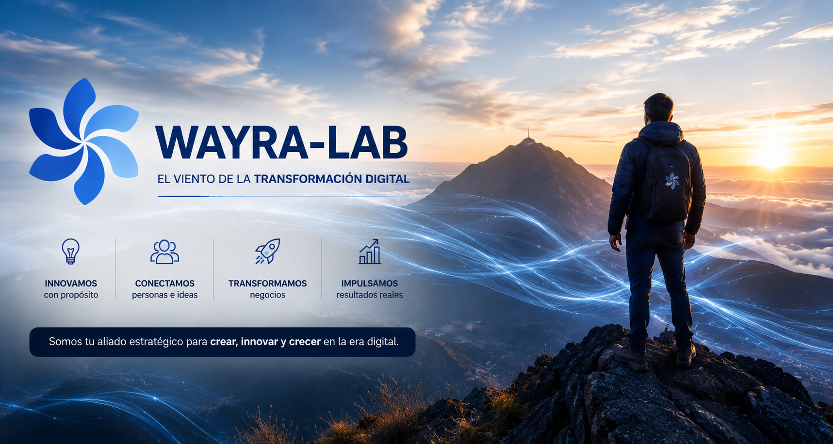 WAYRA-LAB: el viento de la transformación digital. Innovamos con propósito, conectamos personas e ideas, transformamos negocios e impulsamos resultados reales.