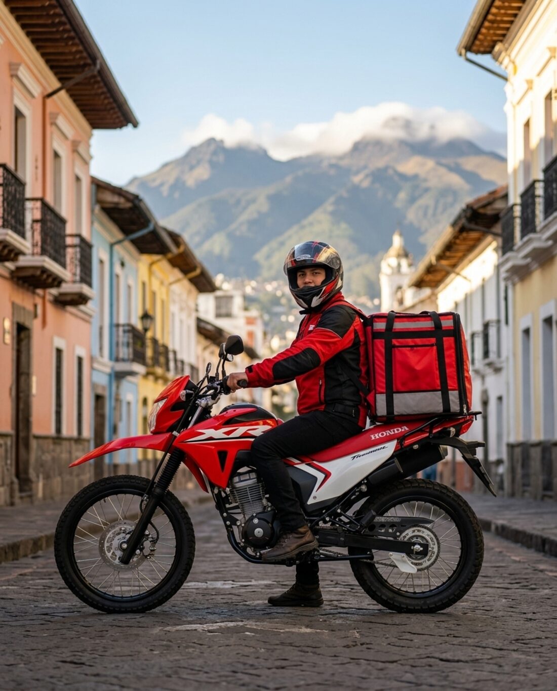 Repartidor con Honda XR en calle de Quito