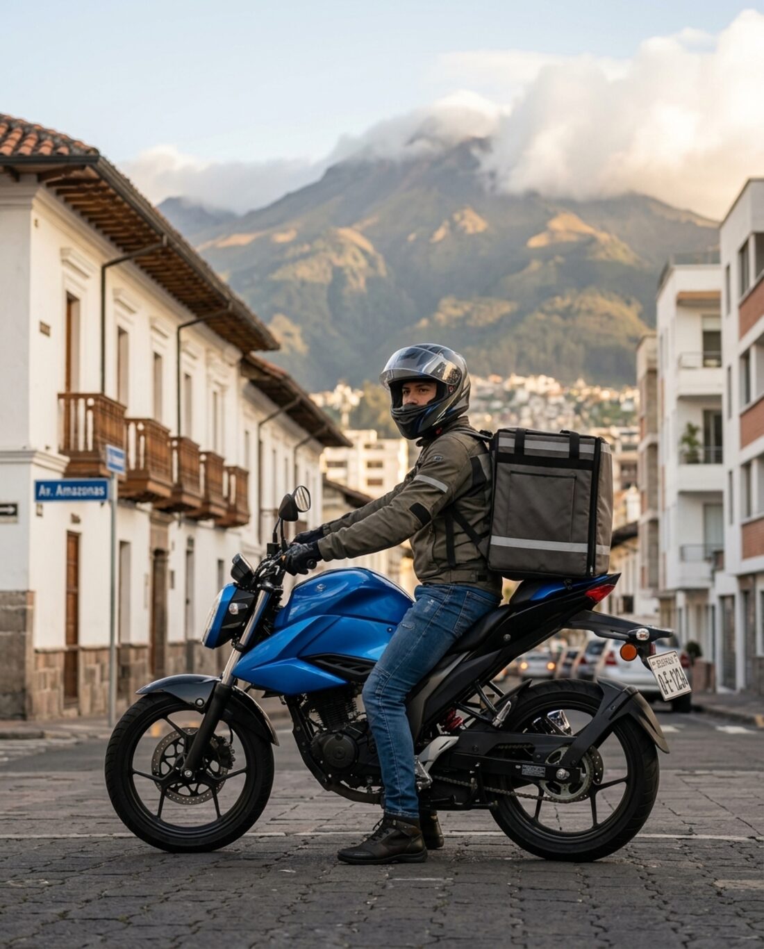 Moto urbana en calle de Quito con vista a la montaña