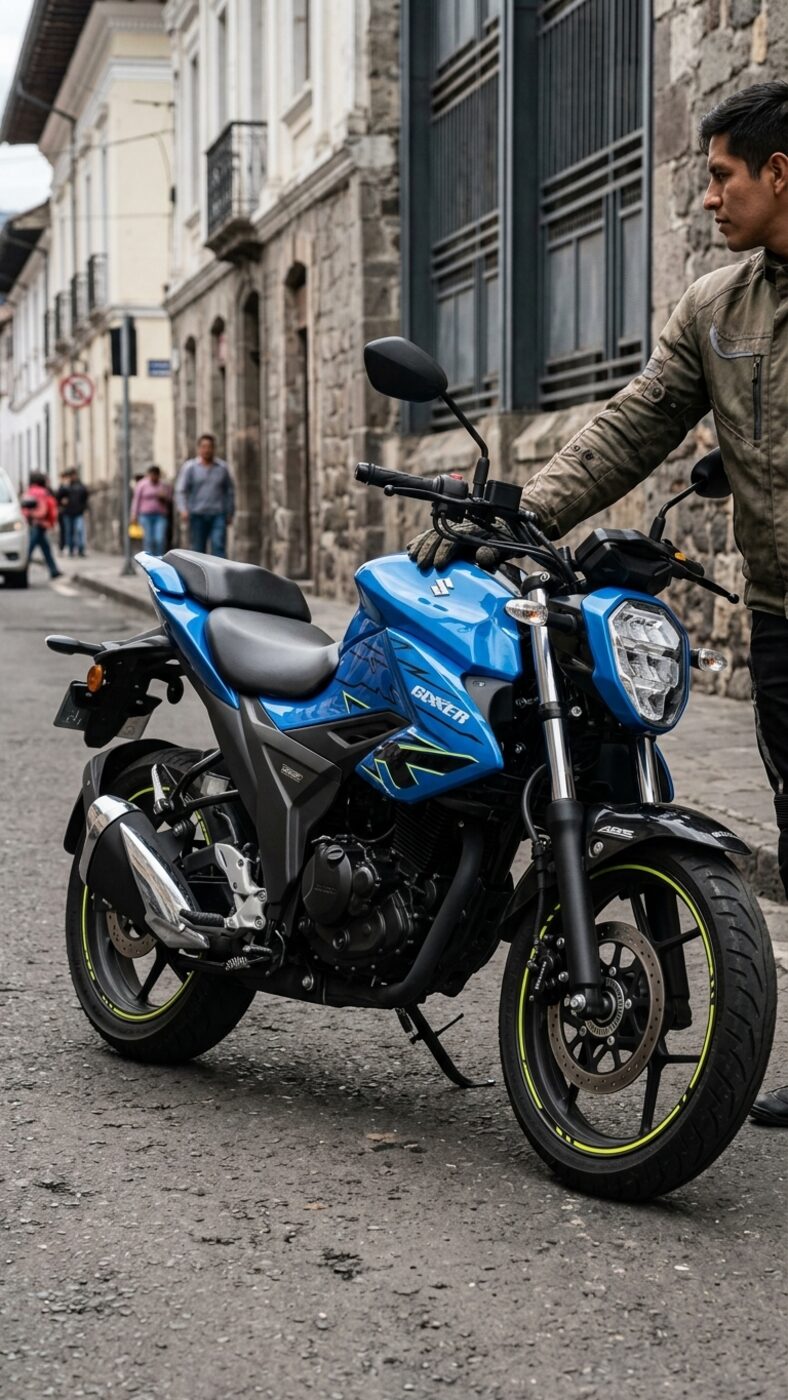 Suzuki Gixxer estacionada en calle empedrada