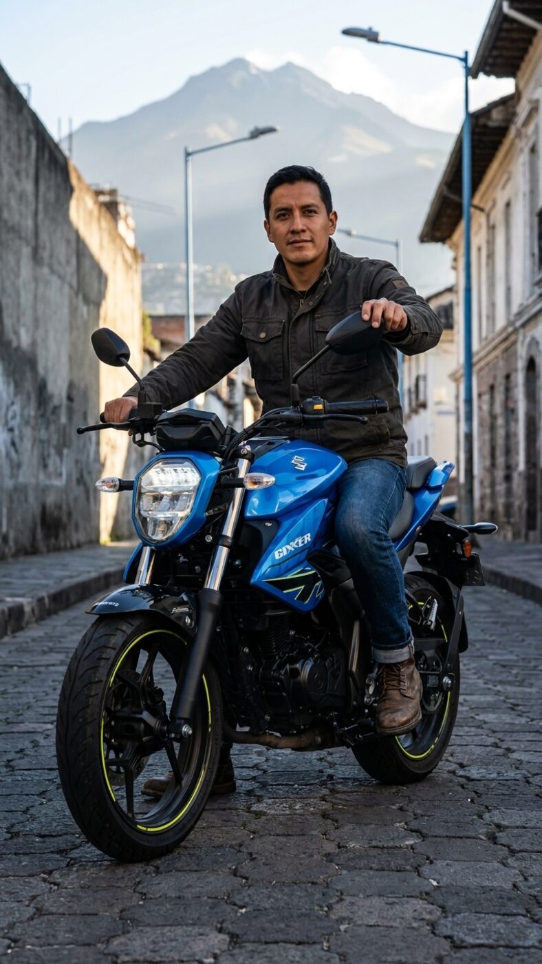 Joven trabajador con Suzuki Gixxer en el centro de Quito